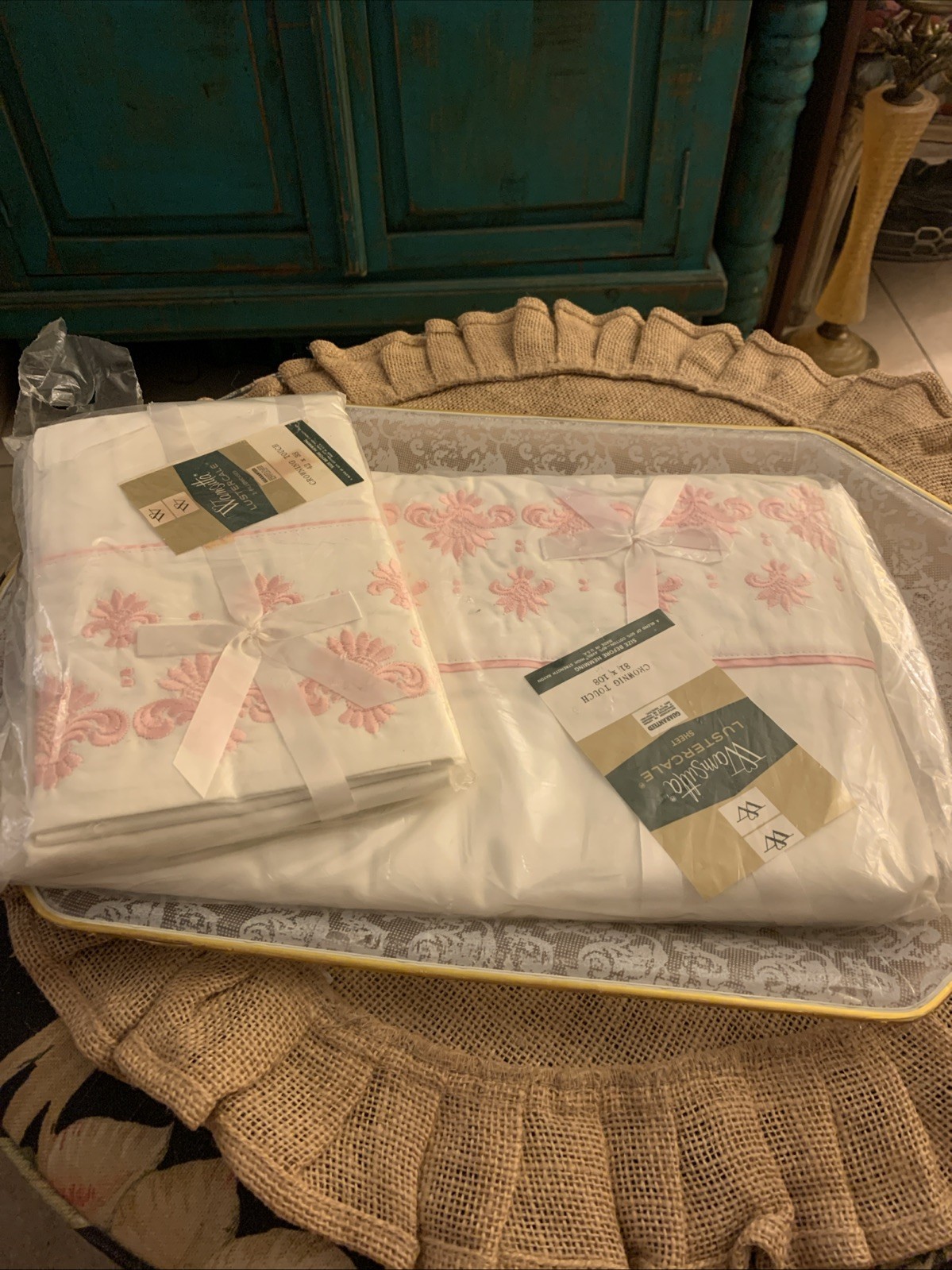 VTG Wamsutta Lustercale Crowning Touch PINK Full Flat Sheet 81x108 & 2 Pillow
