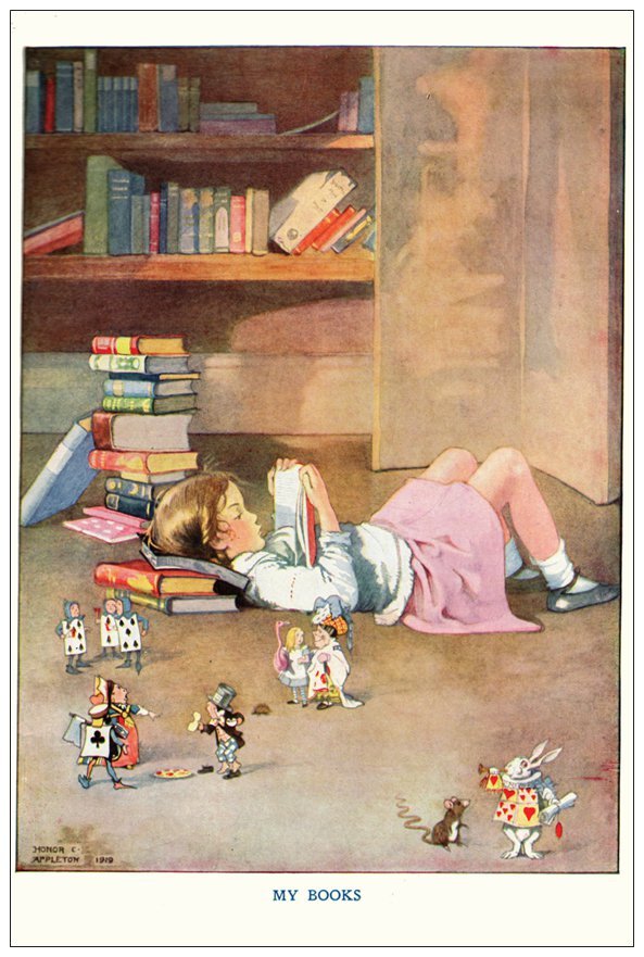 Postcard: Vintage repro print- Girl on Floor w/ Books Reads Alice in Wonderland 