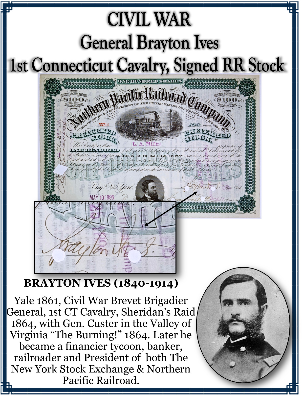 CIVIL WAR General Brayton Ives, 1st Connecticut Cavalry, Signed RR Stock