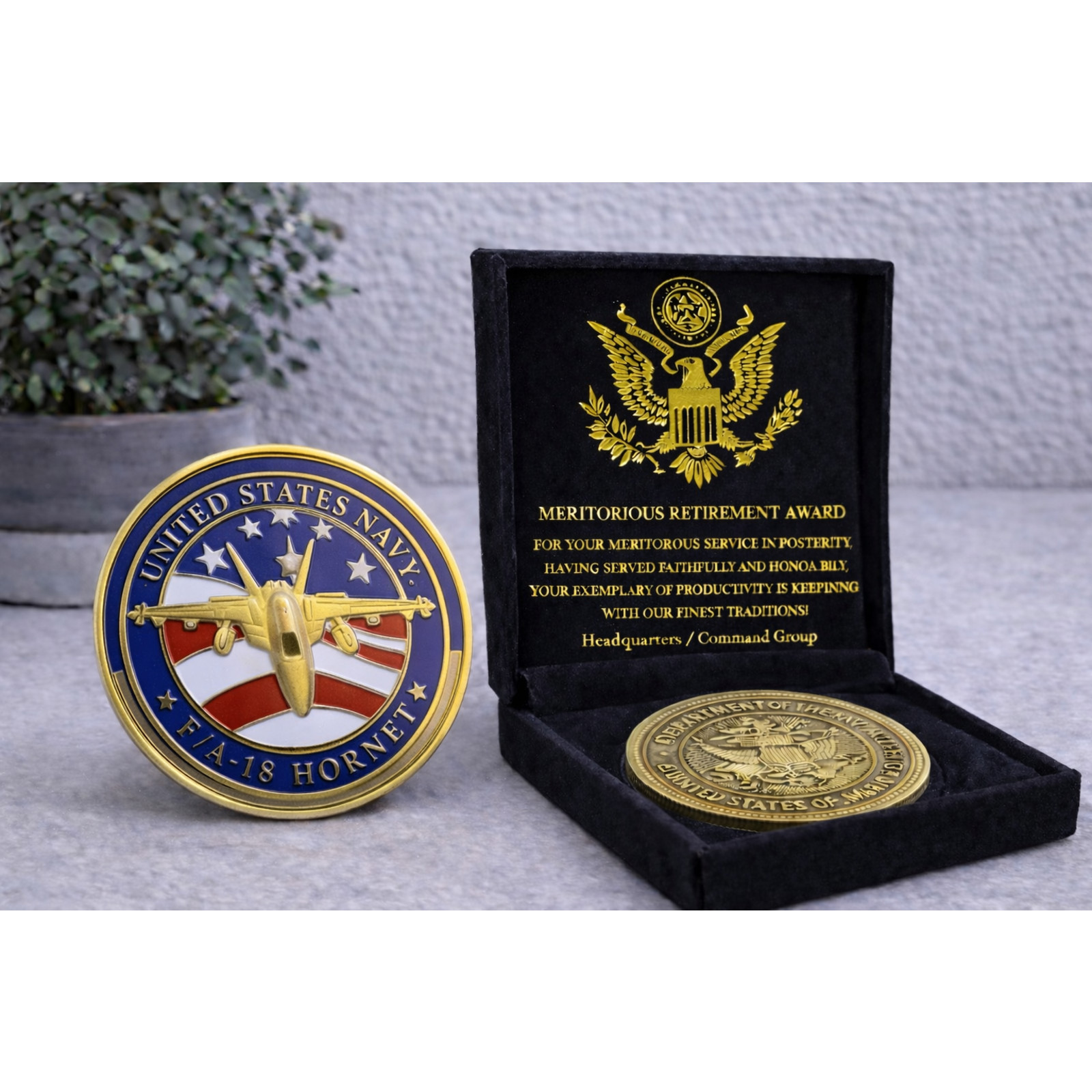 U S NAVY F/A 18 HORNET Challenge Coin with special velvet w/ Retirement Award