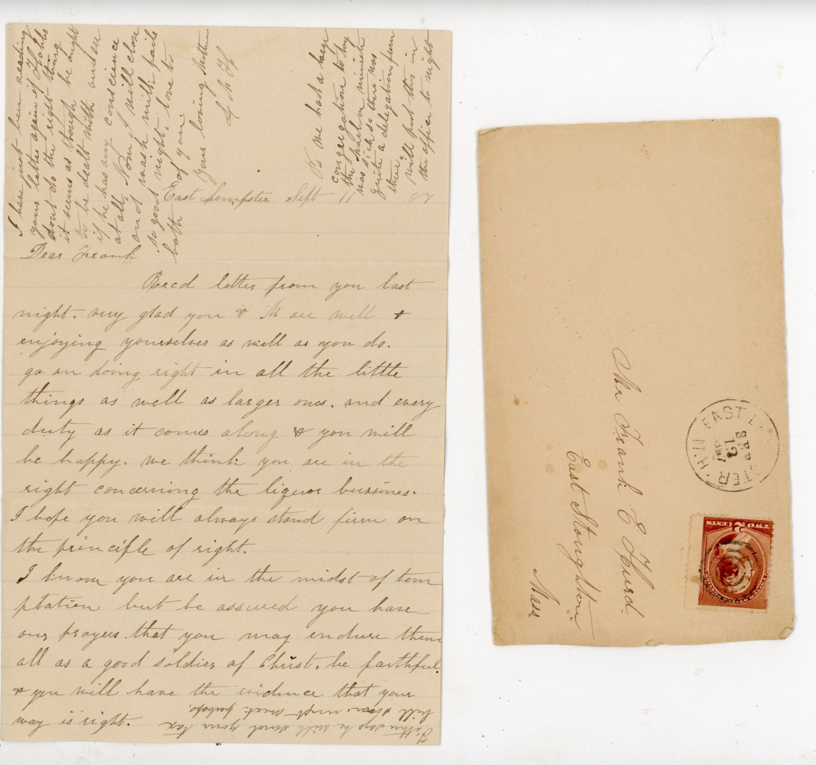 1893 Handwritten Letter East Sumpter MA Frank Hurst Stoughton Temperance Liquor