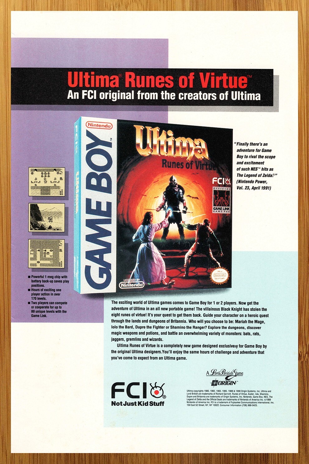 1992 Ultima: Runes of Virtue Game Boy Vintage Print Ad/Poster Authentic Game Art