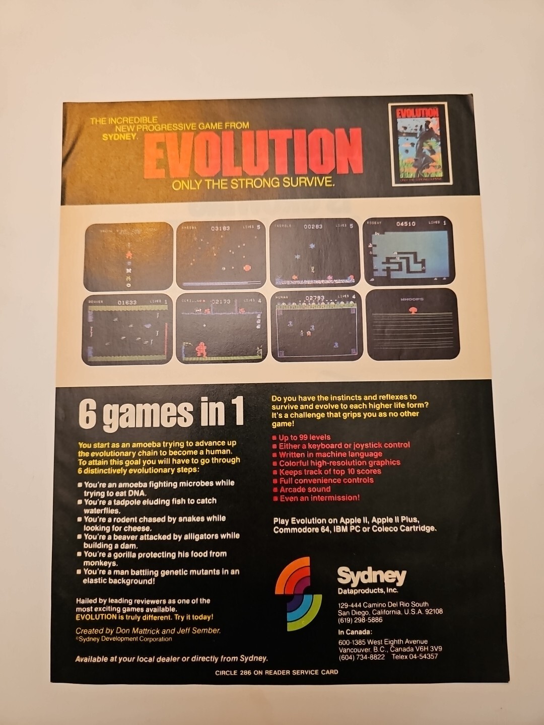 Vintage Evolution Sydney Software Commodore 64, Apple, Coleco Game Print Ad