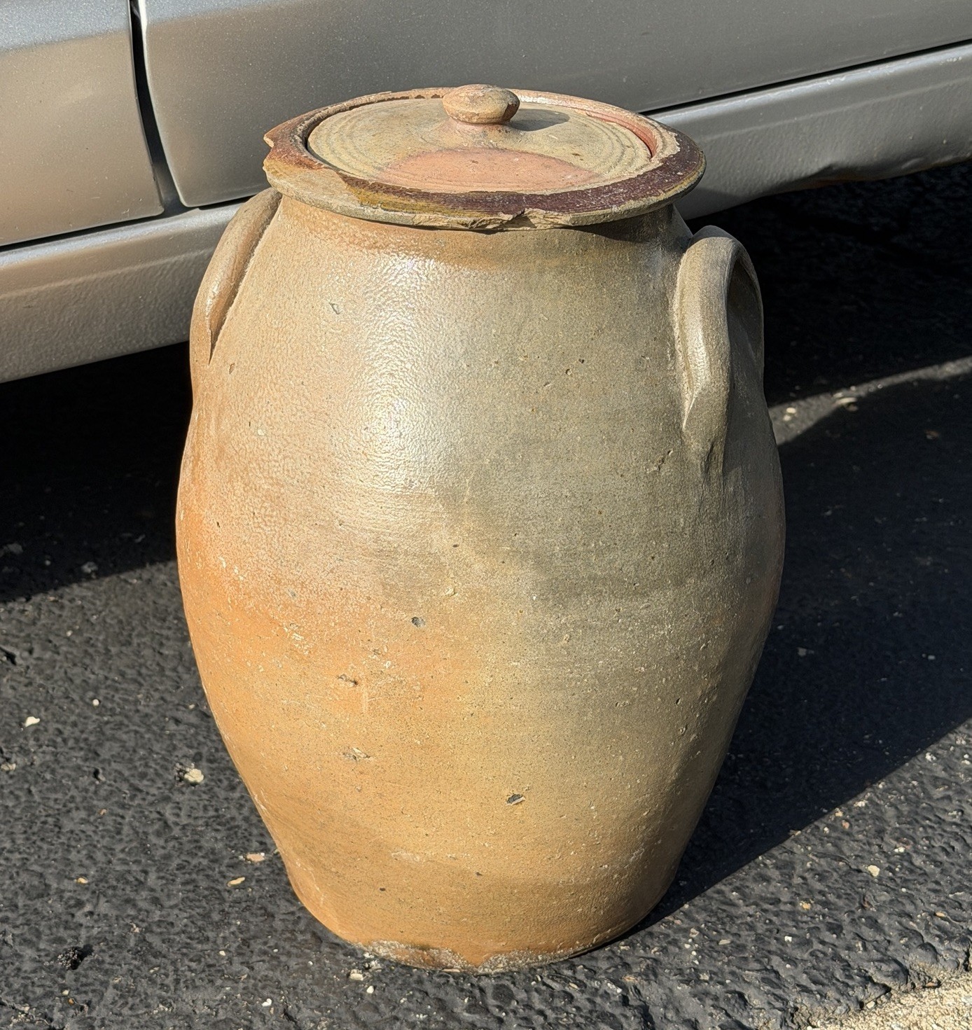 1800’s Antique Primitive Brown Stoneware Crock Lug Handles 13” w/ Lid