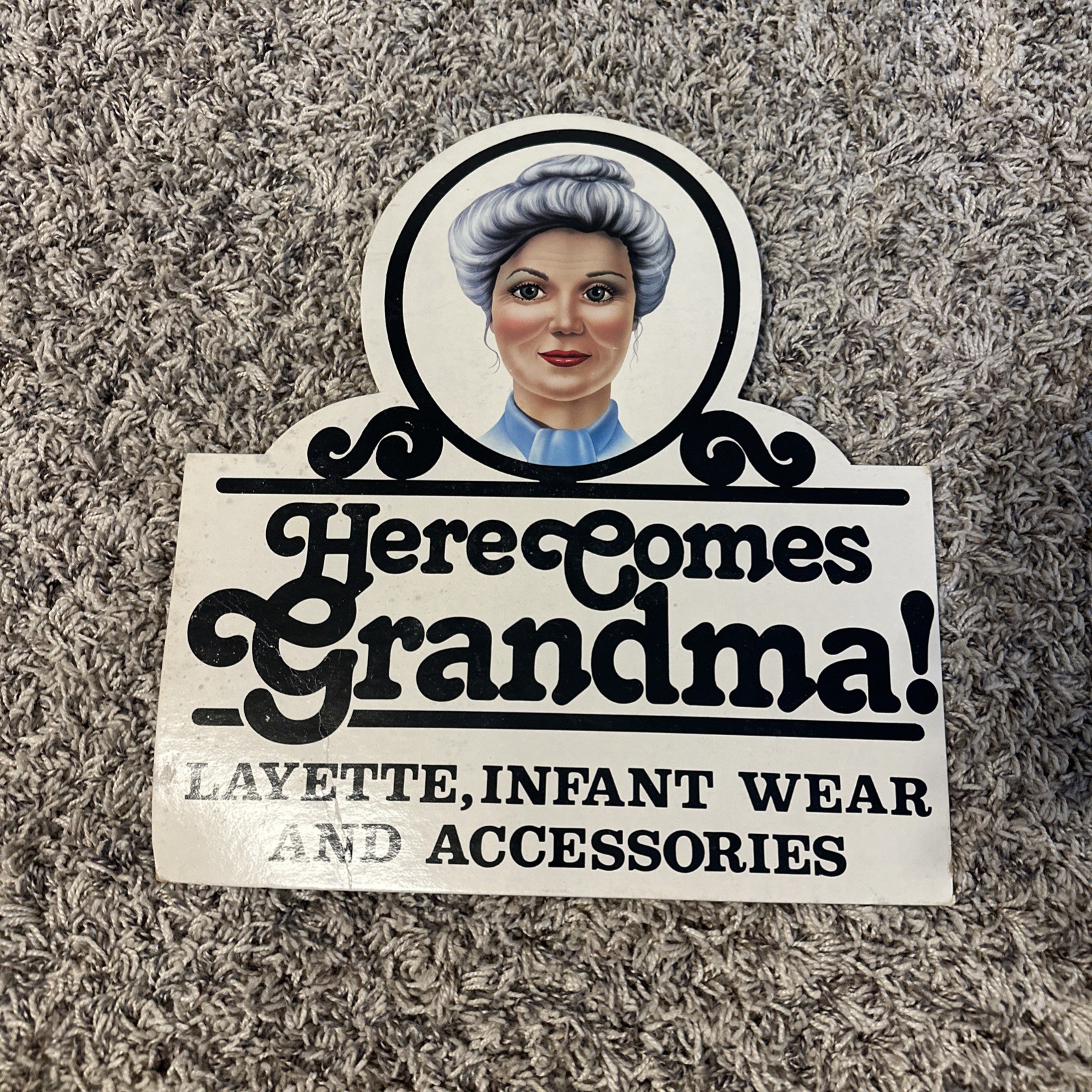Vintage “Here Comes Grandma” Layette, Infant wear, Display Menu Sign Cardboard