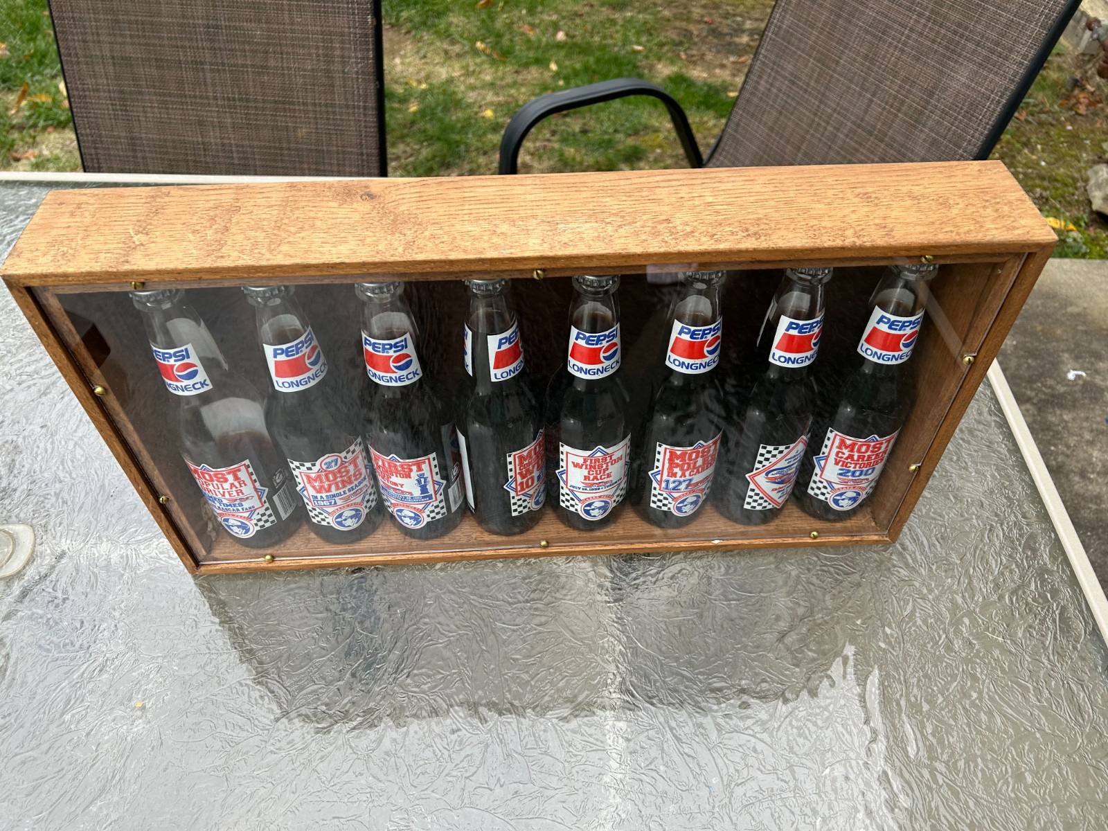 Richard Petty Pepsi Longneck Bottle Set 13x21 Wood Display Case NASCAR Vintage