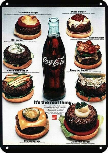 1971 COCA-COLA  Coke & Hamburgers & Cheeseburgers DECORATIVE REPLICA METAL SIGN