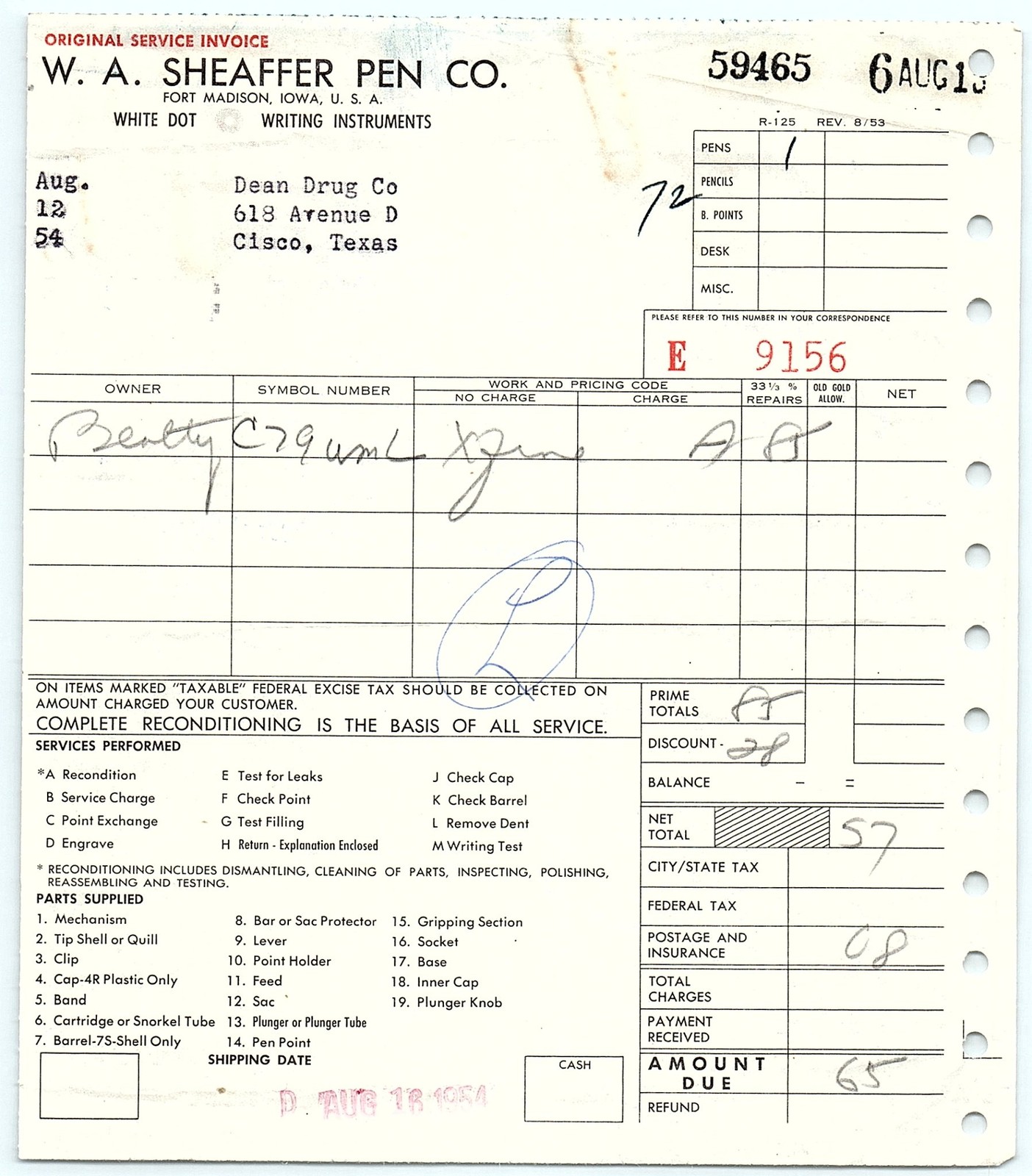 1954 W.A. Sheaffer Pen Co. Service Invoice - Writing Instrum
