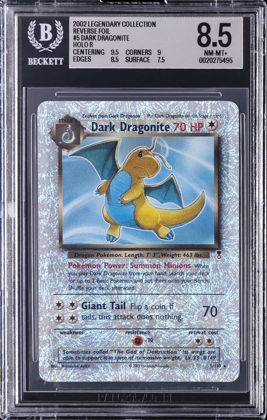 2002 POKÉMON LEGENDARY COLLECTION REVERSE FOIL HOLO R #5 DARK DRAGONITE BGS 8.5