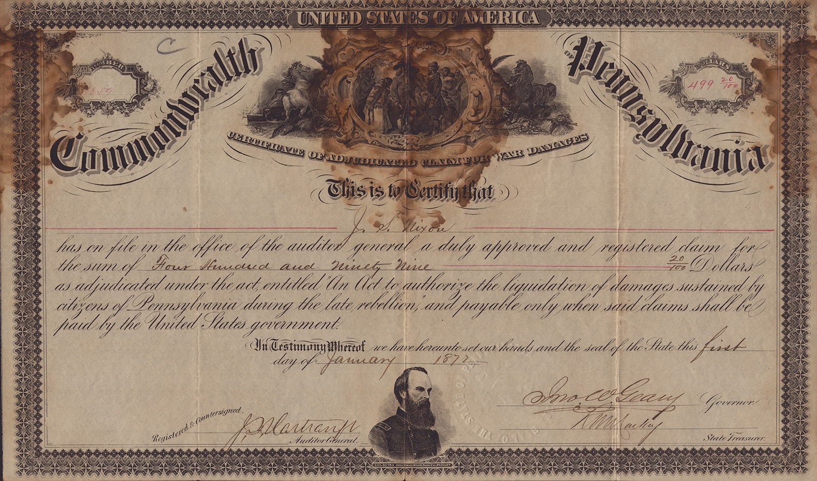 JOHN W. GEARY - DOCUMENT SIGNED 01/1872 WITH CO-SIGNERS