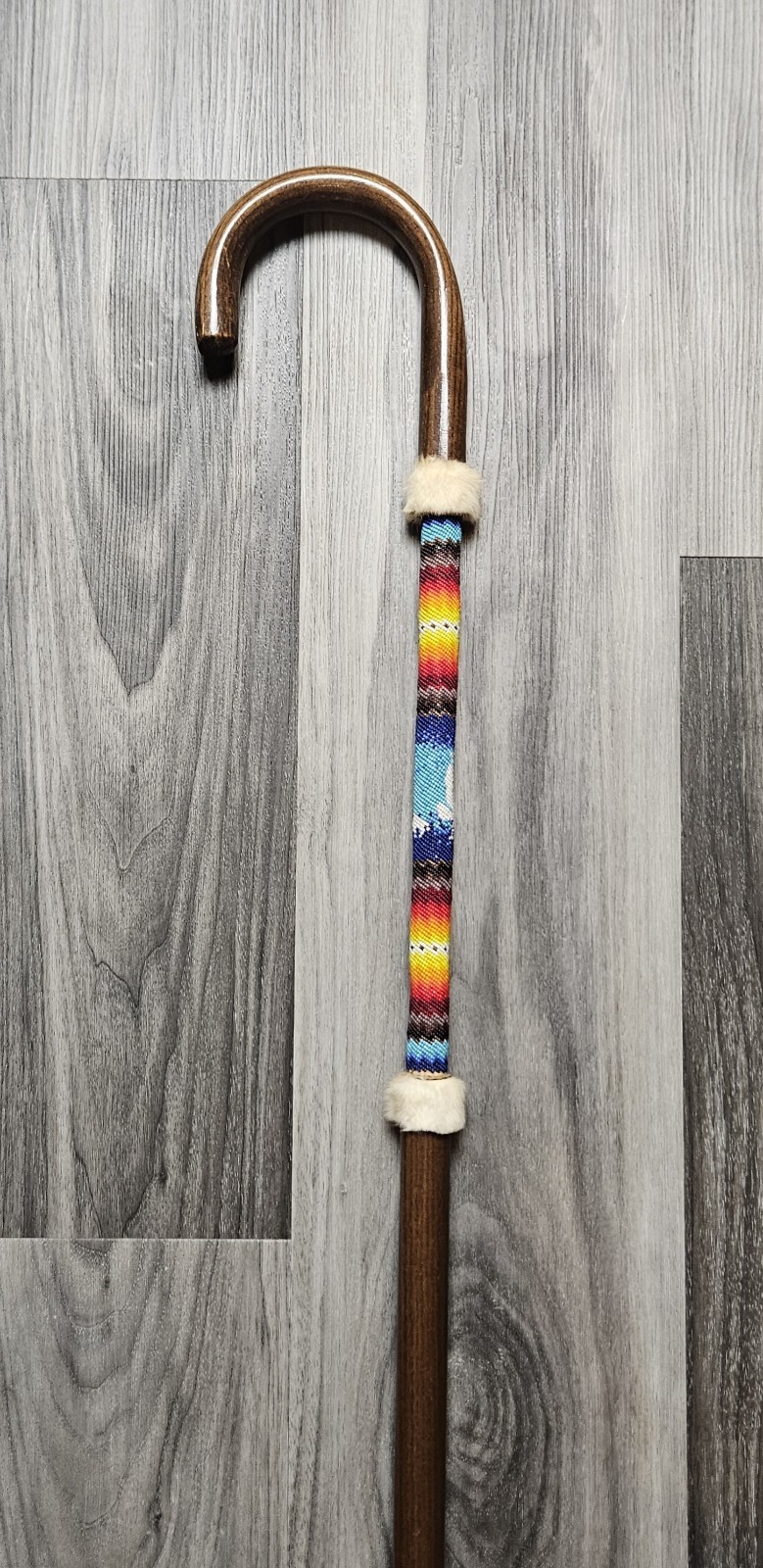 Vtg Native American Apache Beaded Petote Stitch Buffalo Eagle Fur Trim Cane 36