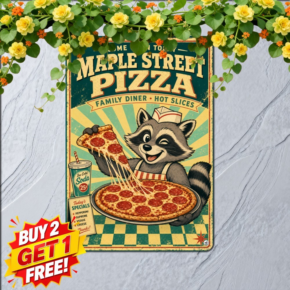 Pizza Diner Mascot Invitation Sign Cute Fast Food Restaurant Metal Plaque 8x12