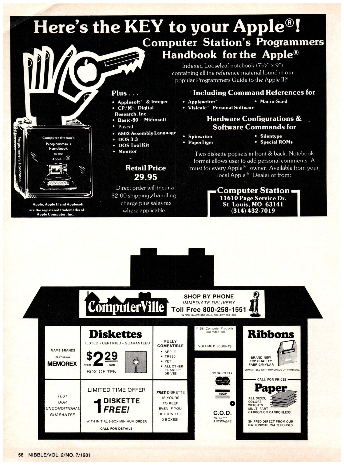 1981 PRINT AD, Computer Station St Louis MO Apple II Programmer\'s Handbook