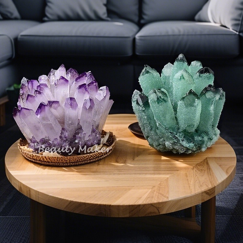 2Pcs Large Natural Amethyst + Green Phantom Quartz Cluster Crystal Home Decor