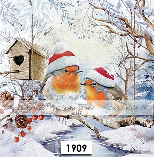 (1909) TWO Paper LUNCHEON Decoupage Art Craft Napkins - CHRISTMAS ROBINS BIRDS