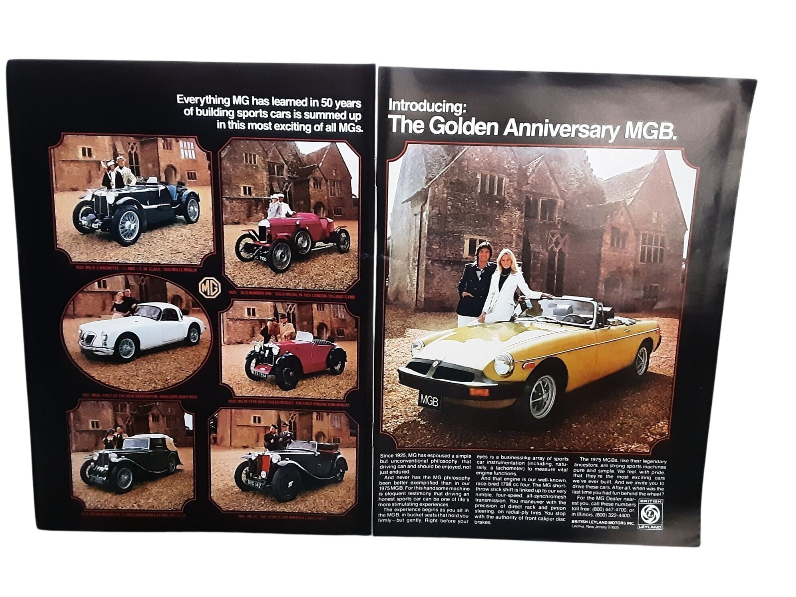 1975 MG MGB Golden Anniversary 2 Page Vintage Print Ad British Sports Car