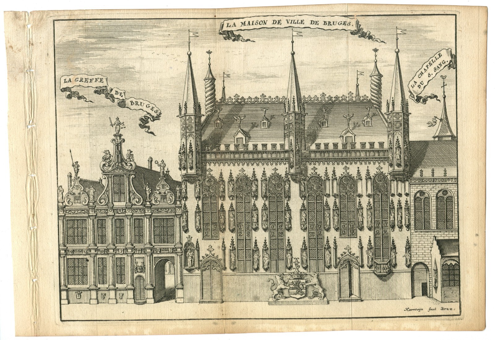 1720 antique drawing of The Bruges Town Hall La Greefe Maison de Ville Chapelle