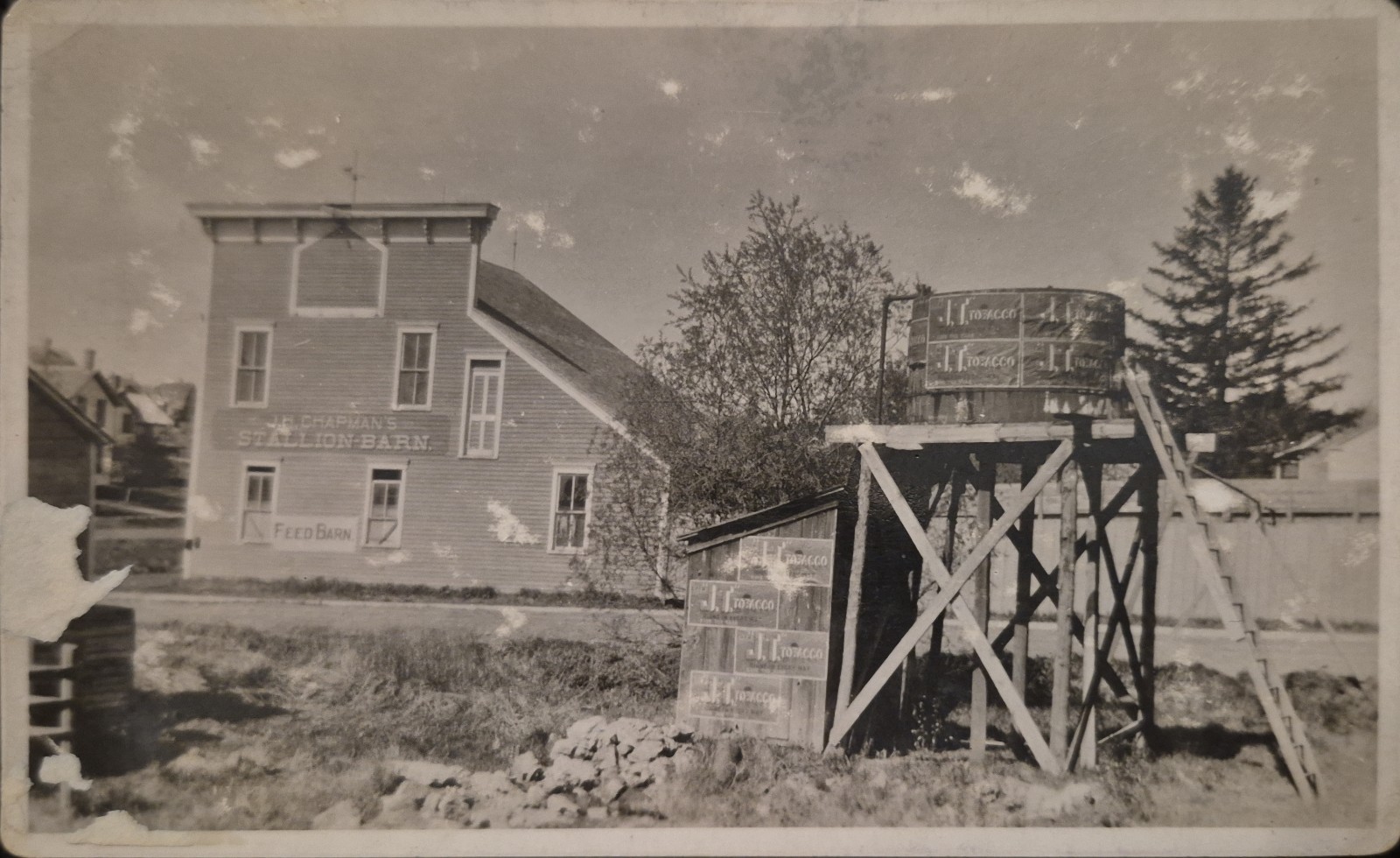 RPPC J. H. Chapman Stallion Feed Barn, J. I. Tobacco Water Tower Real Photo PC