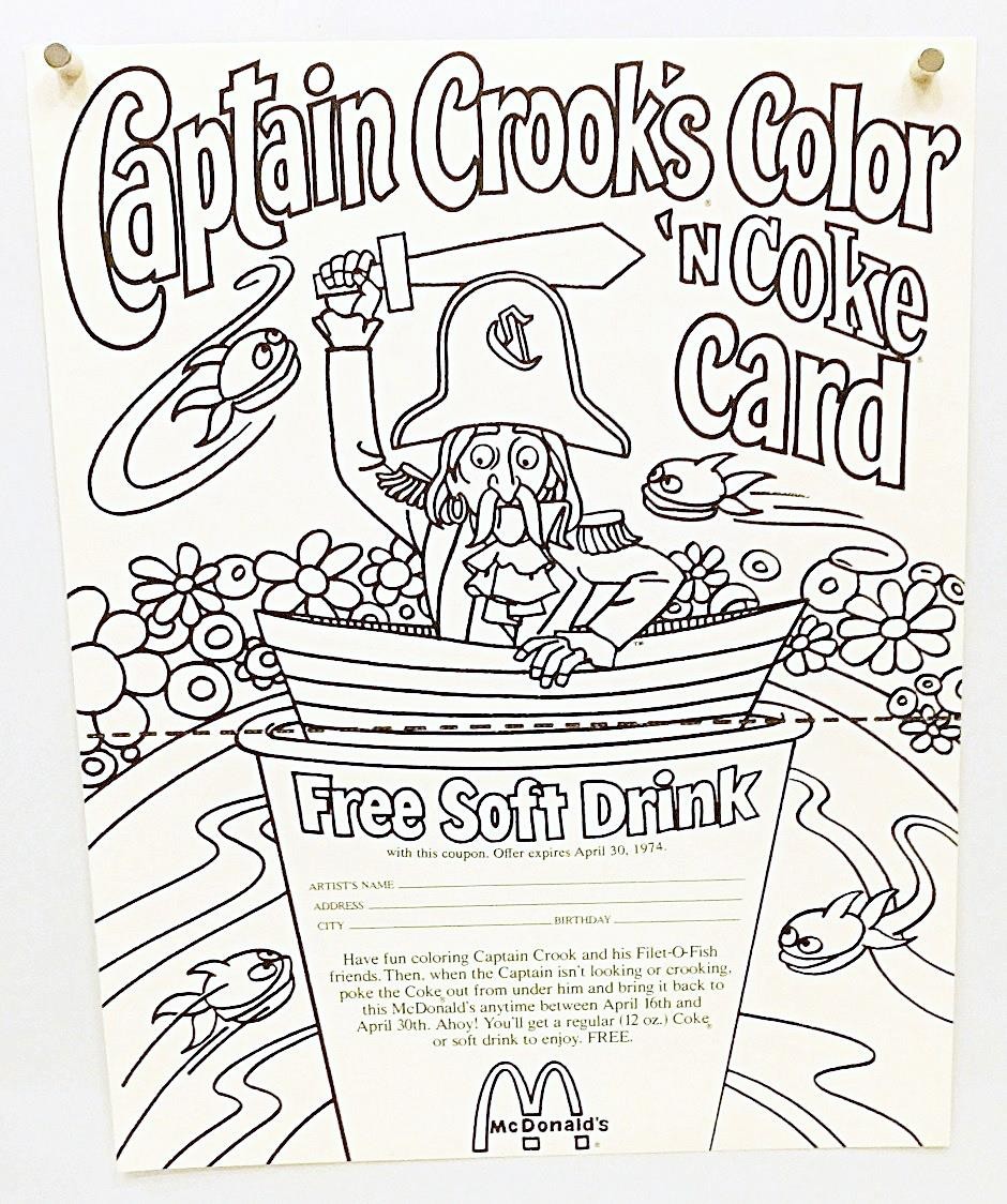 McDONALDS PREMIUM '74 CAPTAIN CROOK's COLOR 'n COKE CARD Free Coca Cola NO STAIN
