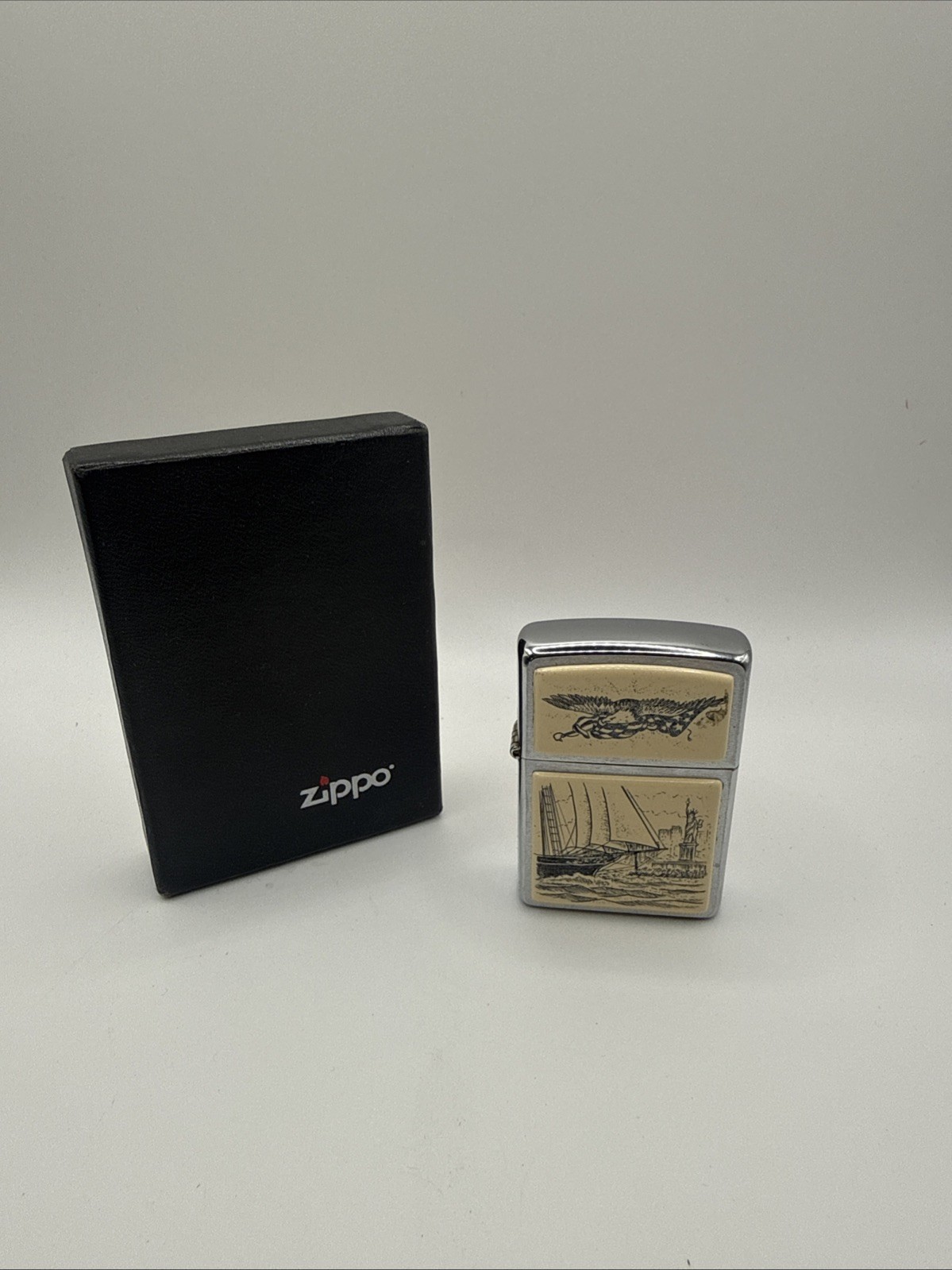 Vintage 1991 Scrimshaw Statue Liberty Double Sided Zippo NEW Mint Condition