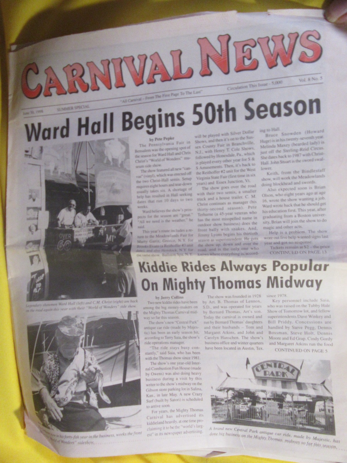 June 30 1998 Carnival News Newspaper -Published by Show People for Show People