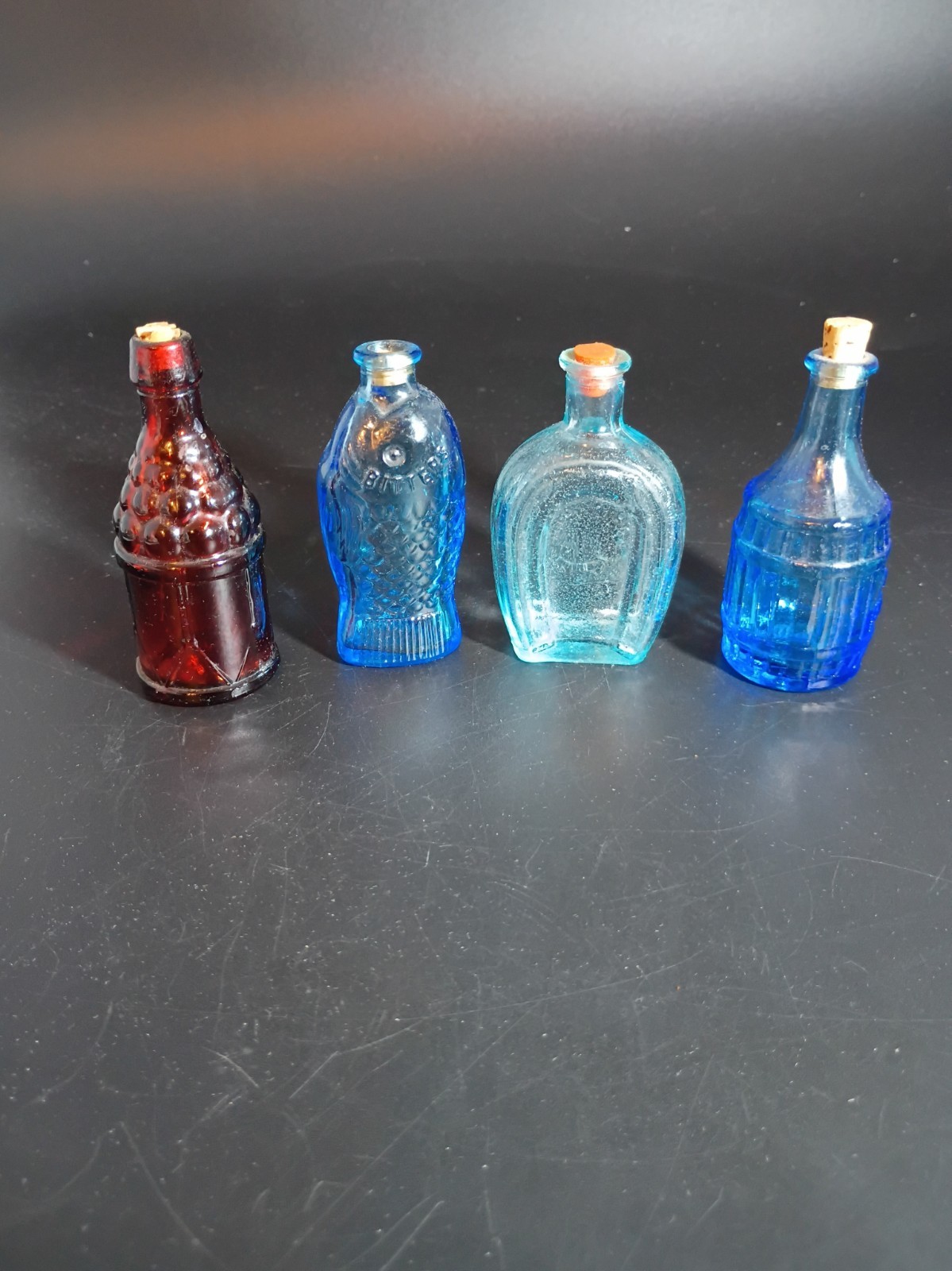 4 Replica Mini Dr Fisch\'s Bitters Fish Wheaton 2” Bottles, Made In Taiwan