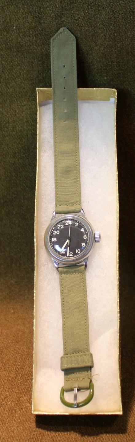 VINTAGE WWII US USAAF 24 HOUR BLACK FACE ELGIN WATCH & ORIGINAL KHAKI WATCHBAND