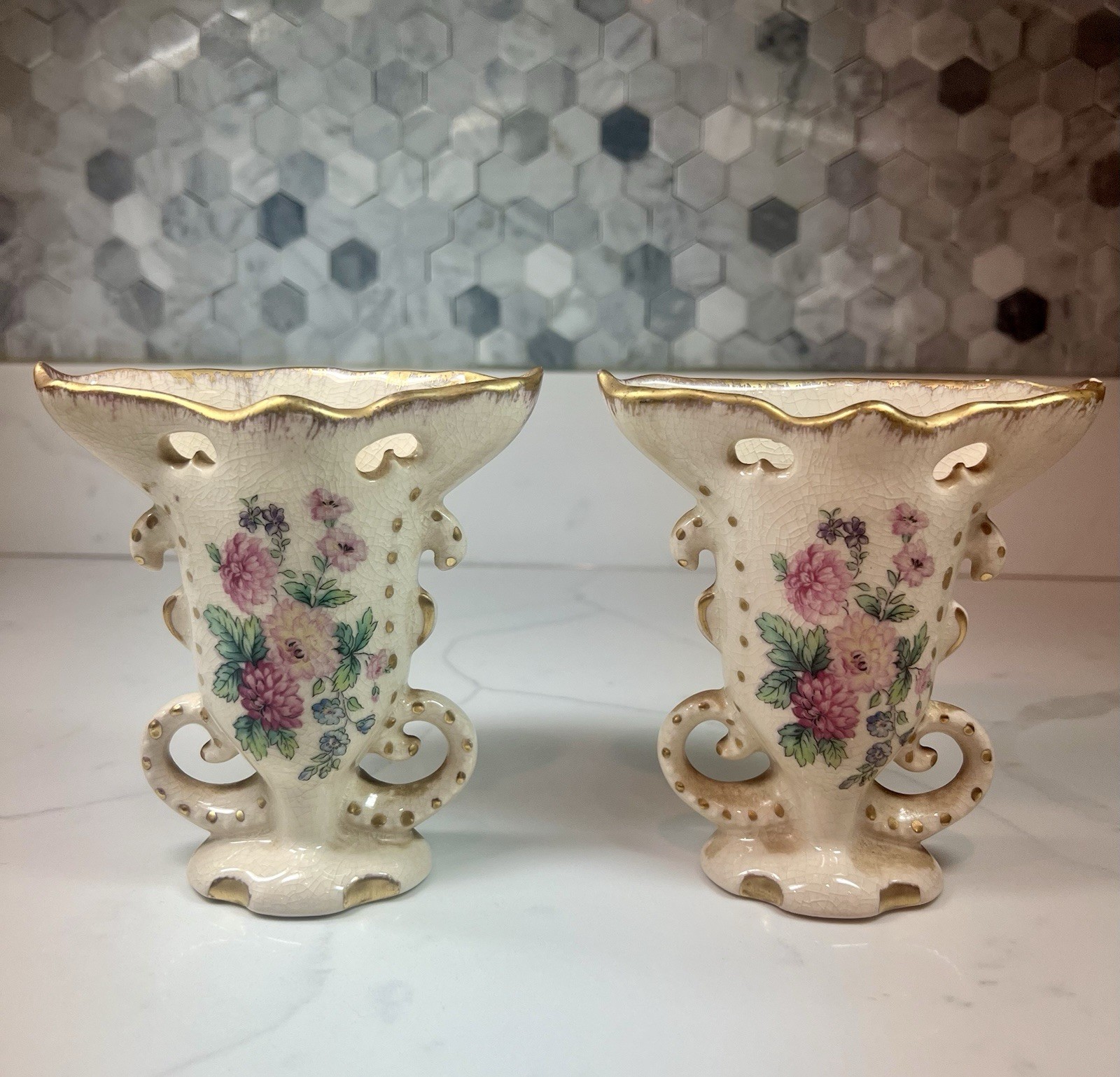 Pair 1940s St. Regis American Porcelain Small Vases-5” Victorian Rococo Style