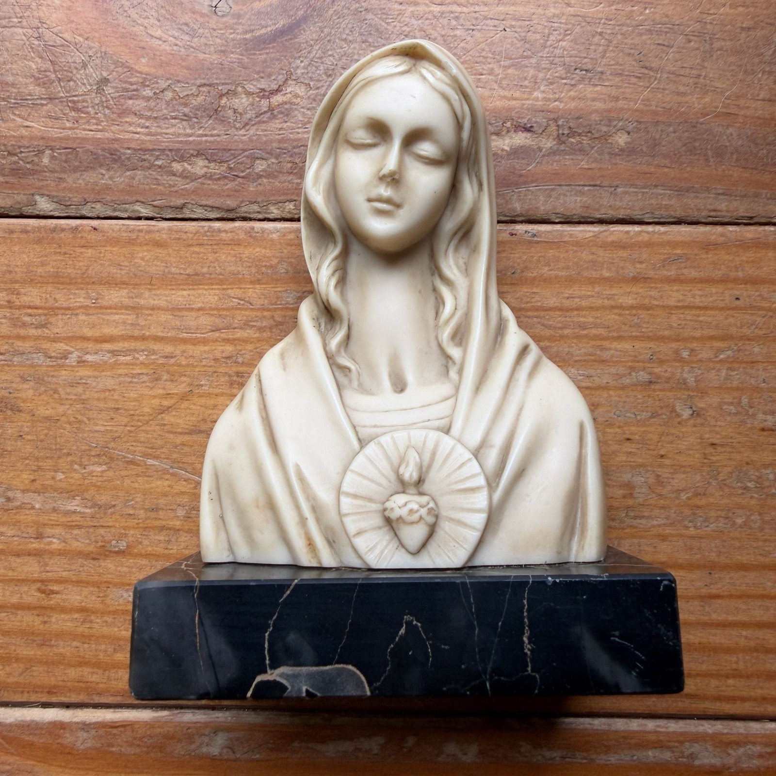 Vintage Italian Virgin Mary Sculpture - Carved Resin Madonna on Marble Stand -