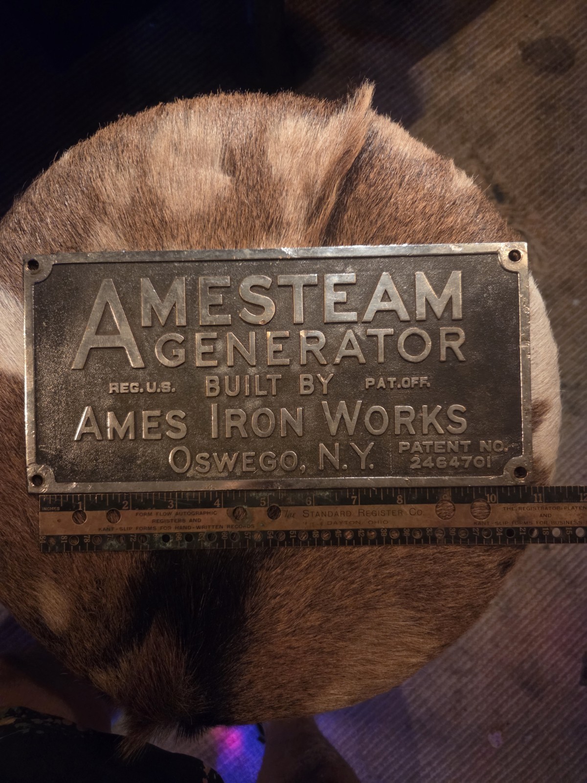 Ames Steam Generator Plate Plaque Ames Iron Works Oswego NY Patent No 2464701