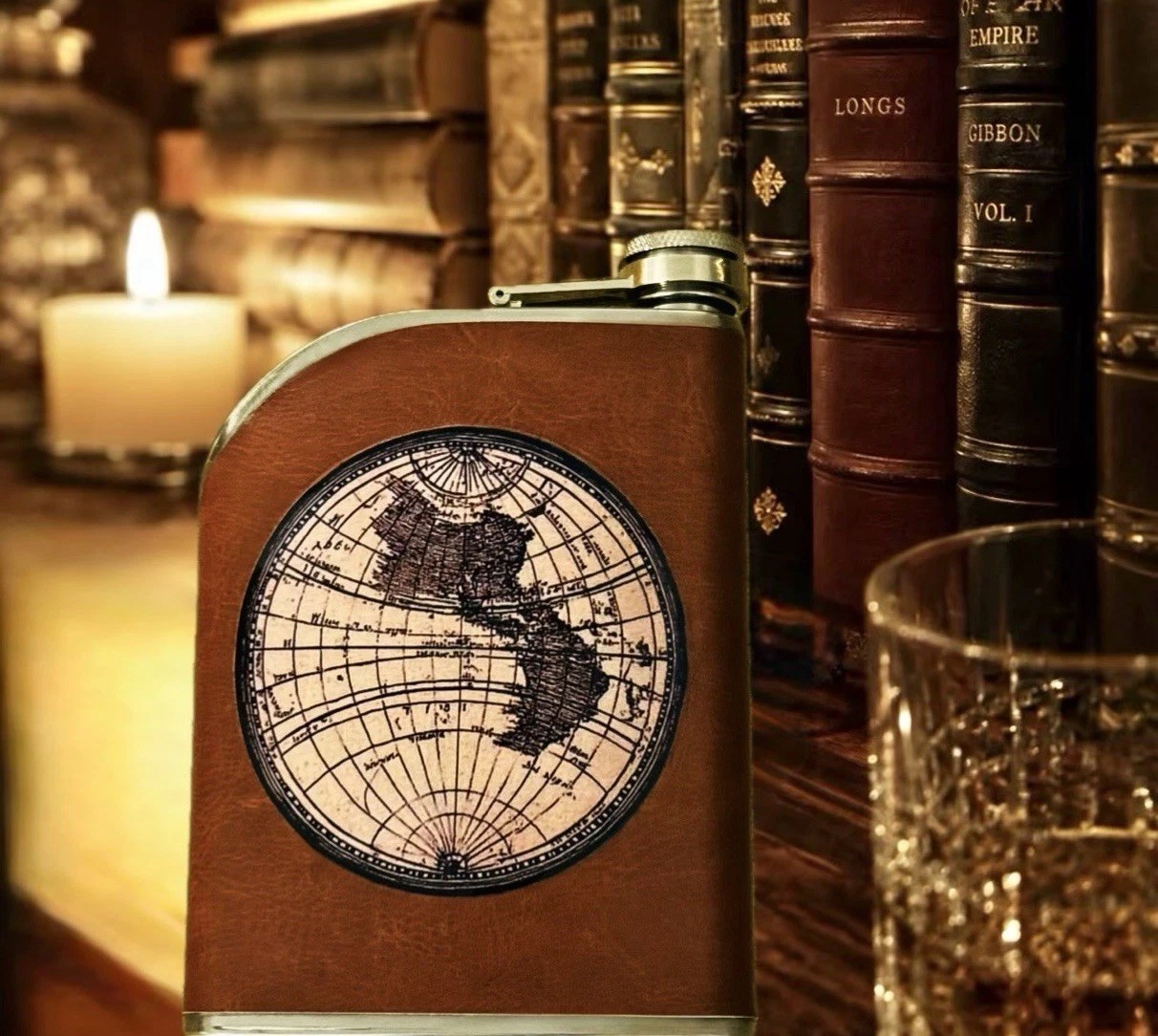 Steampunk Faux Leather Flask Vintage Old World Map Industrial Liquor Pocket RARE