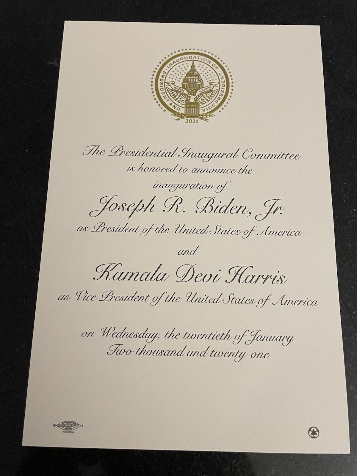 2021 Joe Biden &  Kamala Harris Inauguration - Unopened Announcement Letter