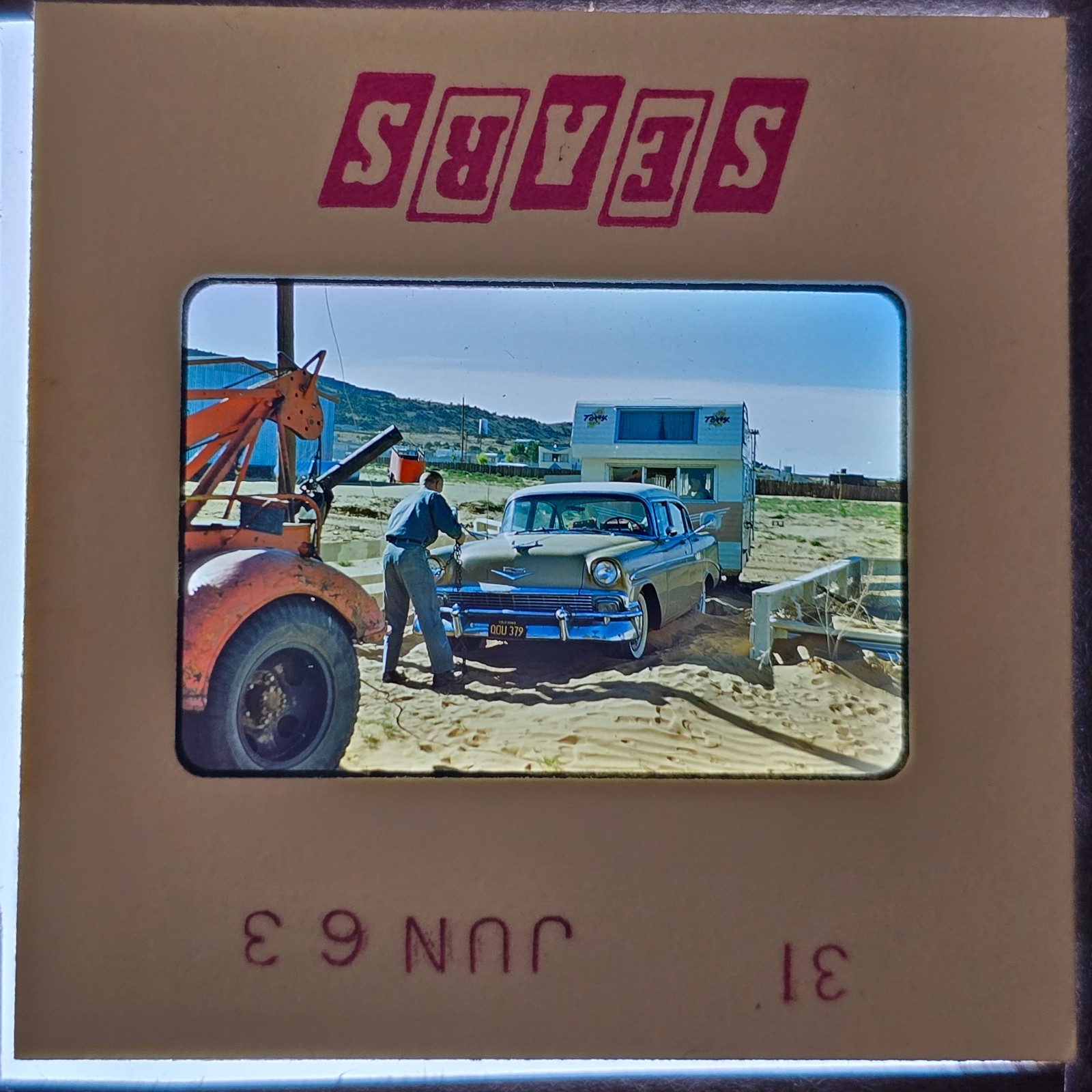 Vintage 1963 35mm Slide 1950s Chevrolet Car Travel Trailer Camping Americana