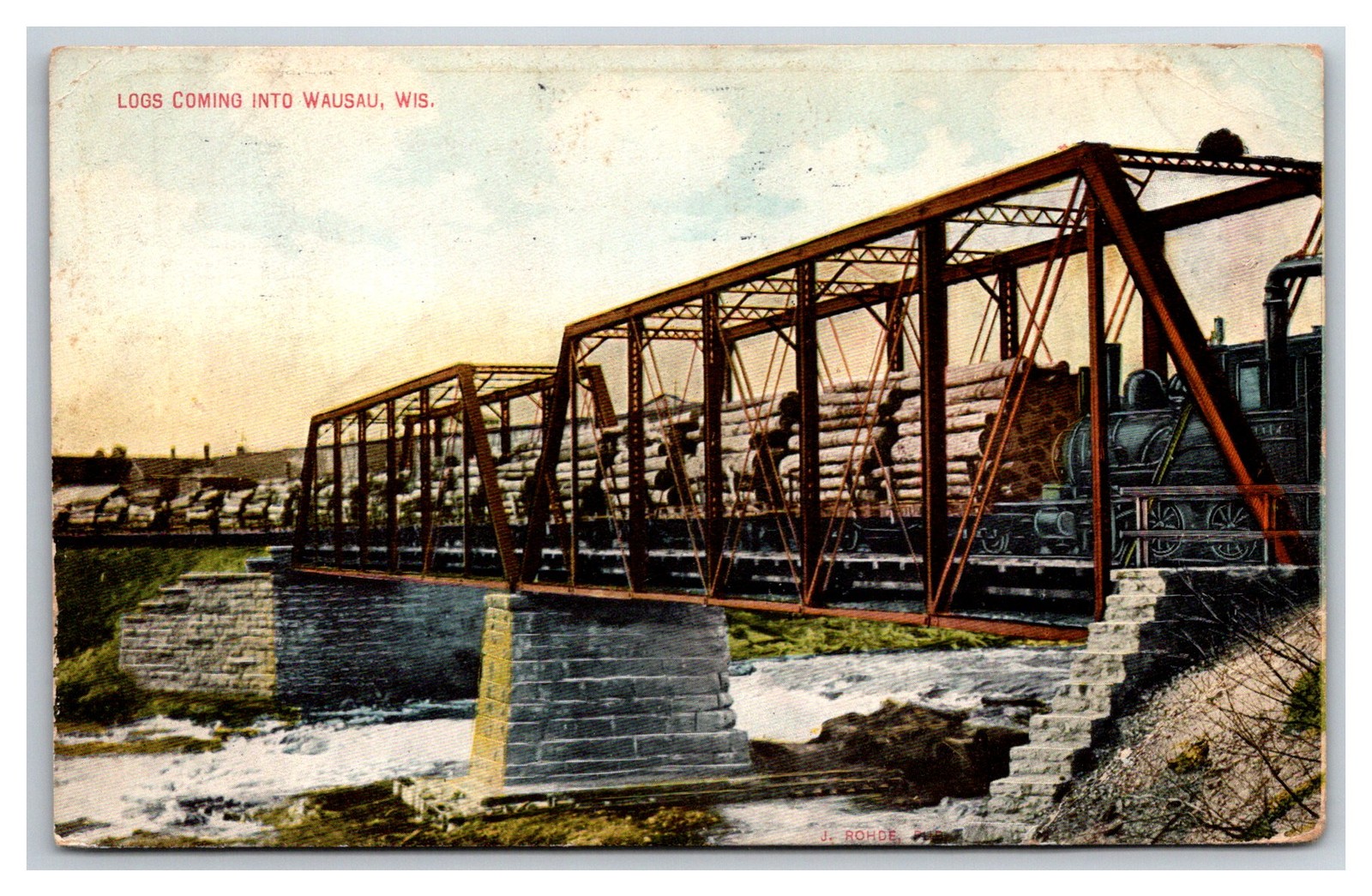 Railroad Bridge & Logging Train , Wausau, Wisconsin - 1909c C&NW & Milwaukee
