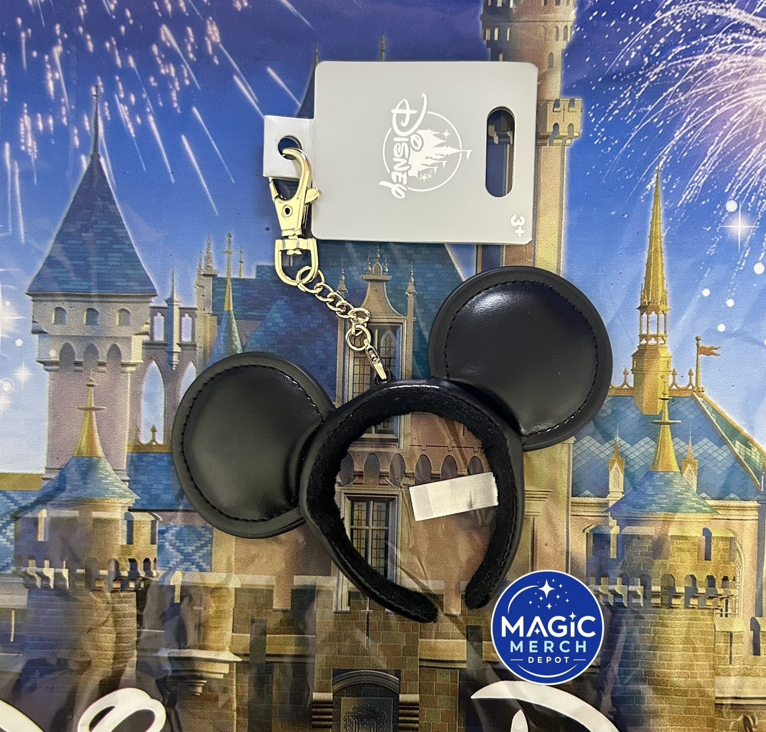 Disney Parks 2026 Mickey Mouse Headband Ears All Black Faux Leather Keychain New
