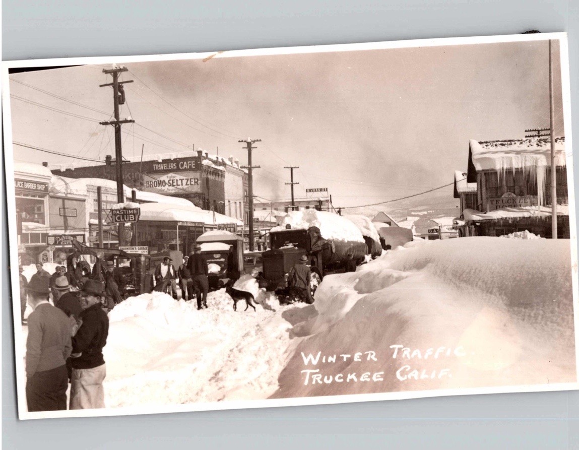 c1940 Winter Traffic Snow Street View TRUCKEE California CA RPPC TRIMMED