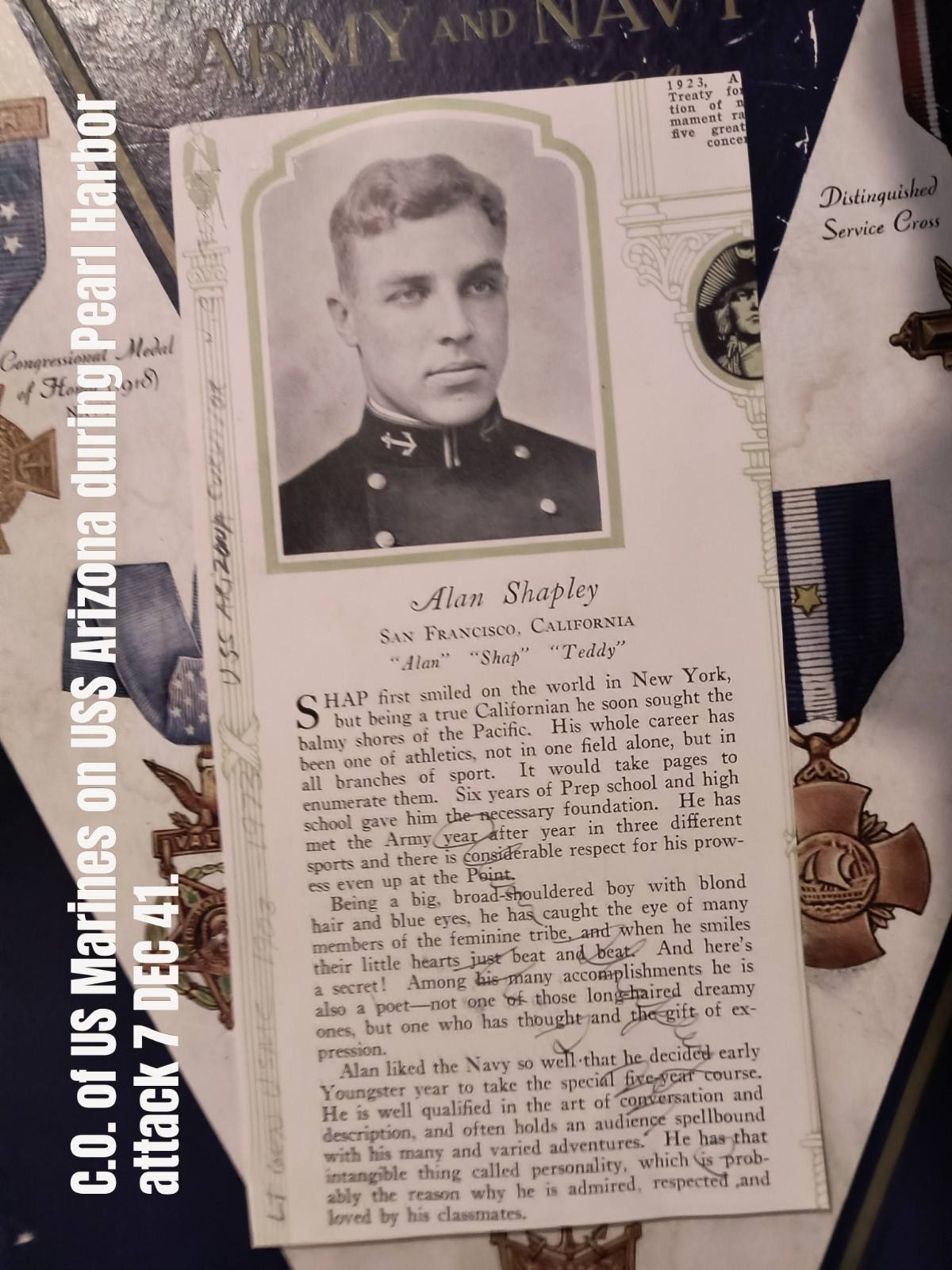 Lt. Gen. ALAN SHAPLEY, USMC USS Arizona Survivor 7 DEC 1941 Signed 1927 USNA Pic