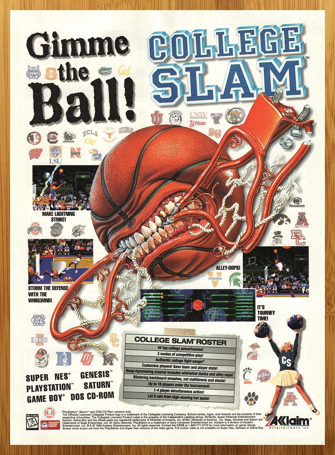 1995 College Slam Genesis SNES PS1 Saturn Print Ad/Poster Basketball Game Art