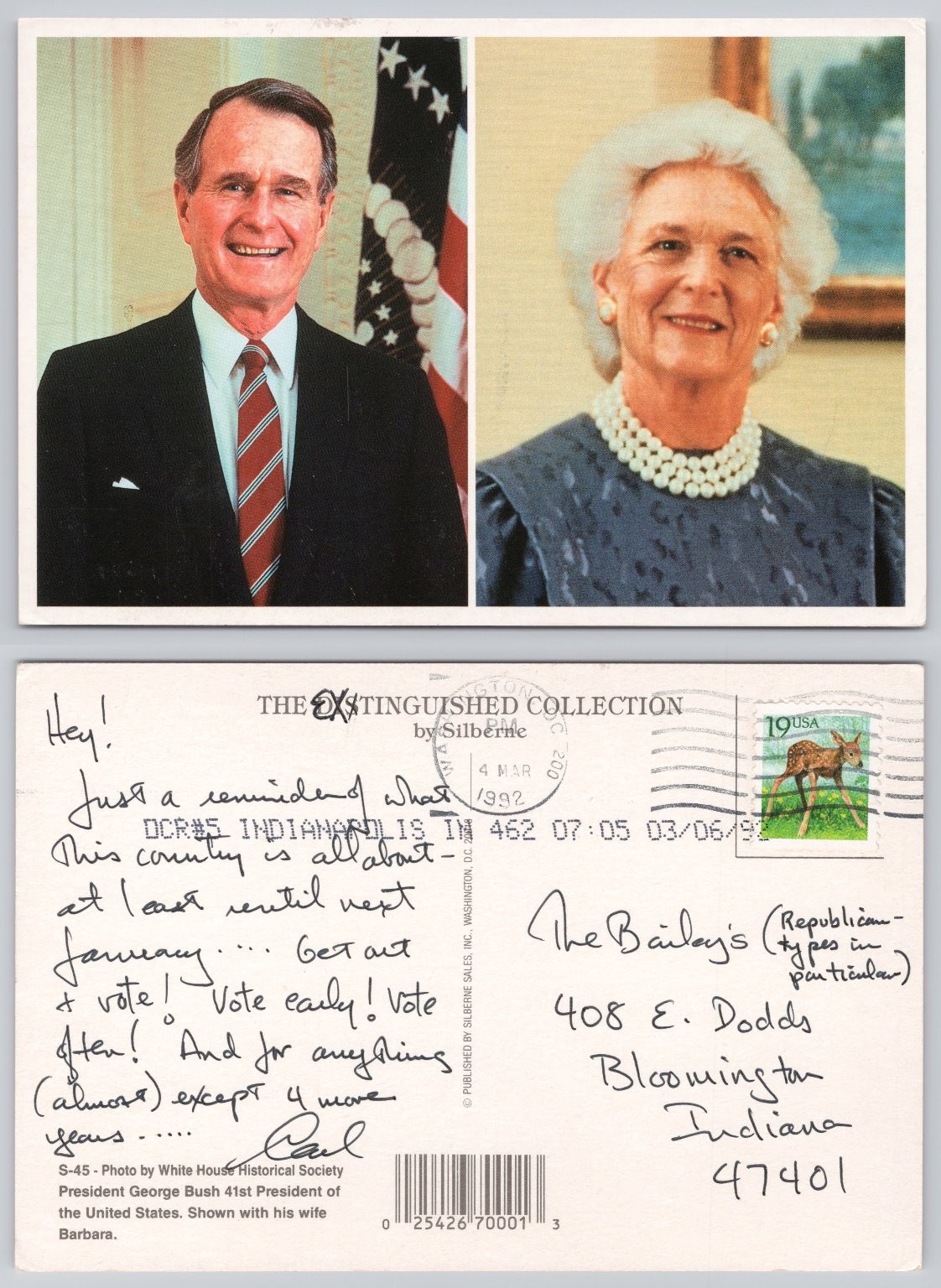1992 George H.W. & Barbara Bush Presidential Postcard Indianapolis Postmark