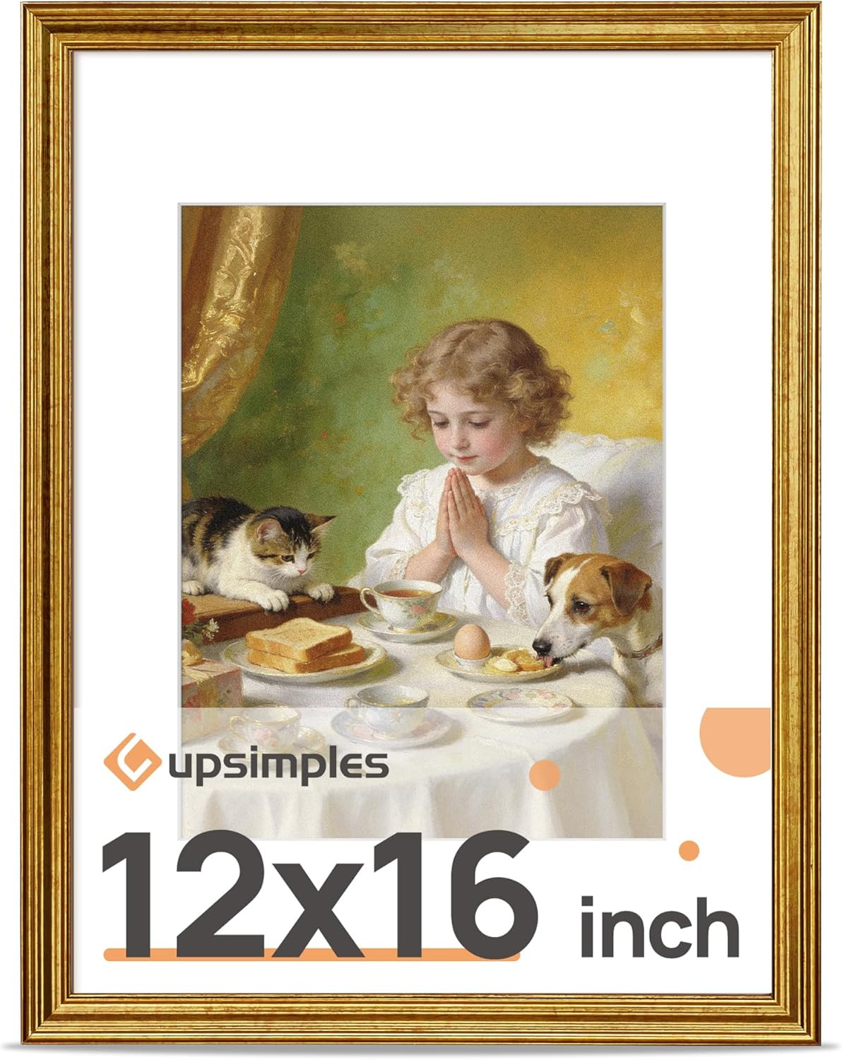 Vintage 12X16 Frame, Antique Gold Frame Displays 8.5 by 11 with Mat or 12 X 16 w
