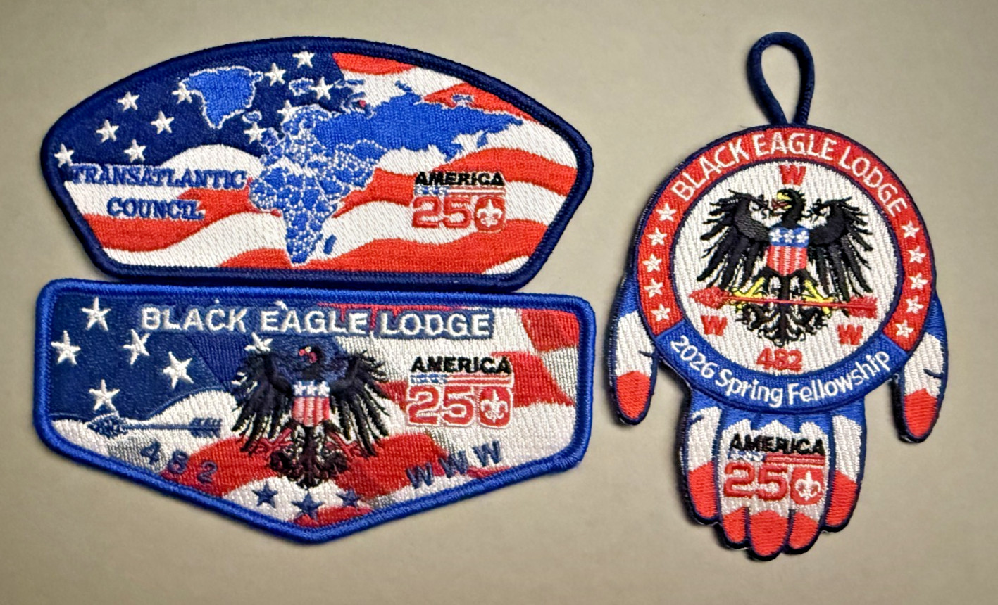 OA America 250 Black Eagle Lodge Flap, Patch, and Transatlantic Council CSP