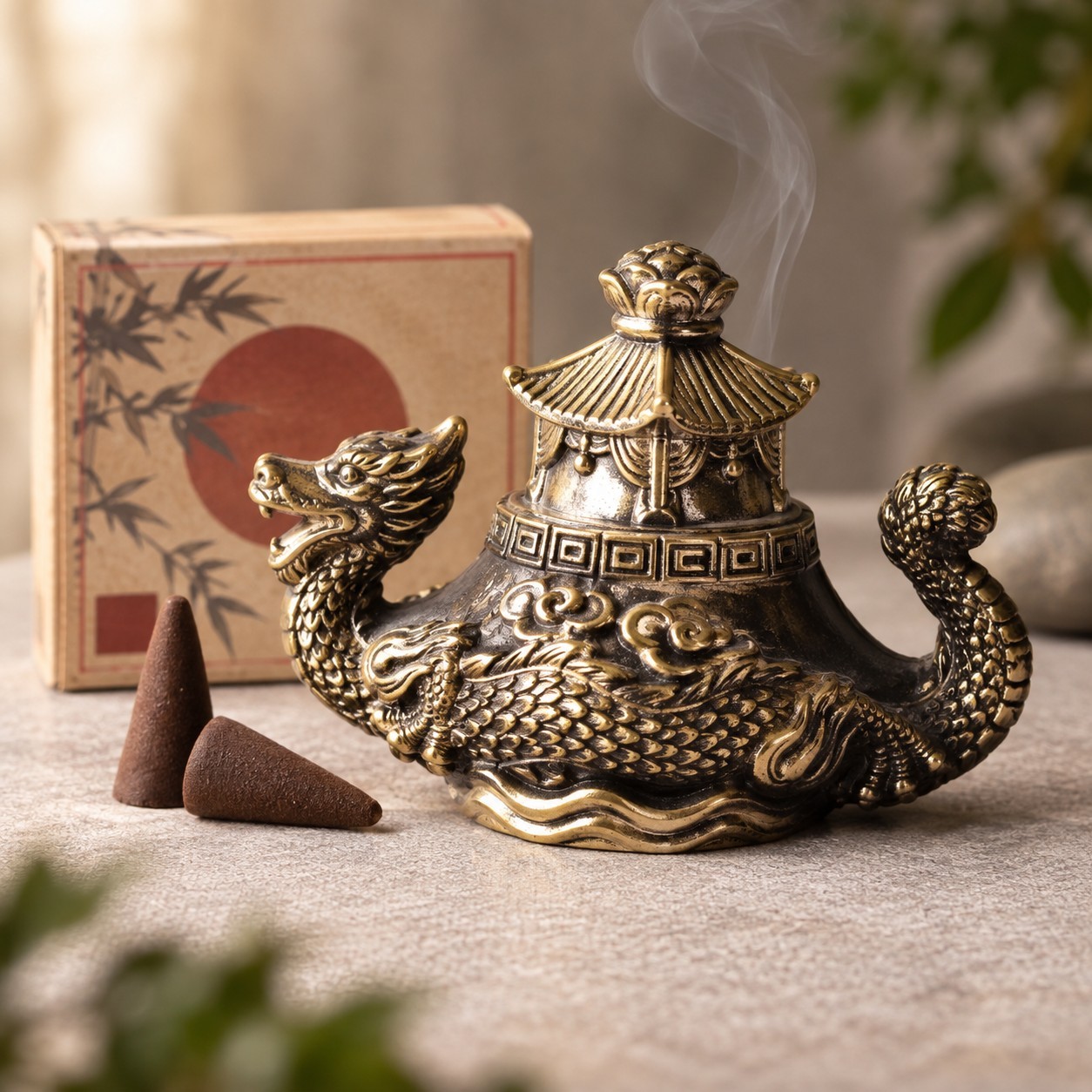 Vintage Japan Dragon Pagoda Incense Burner Censer Gold Tone Cast Metal 4\