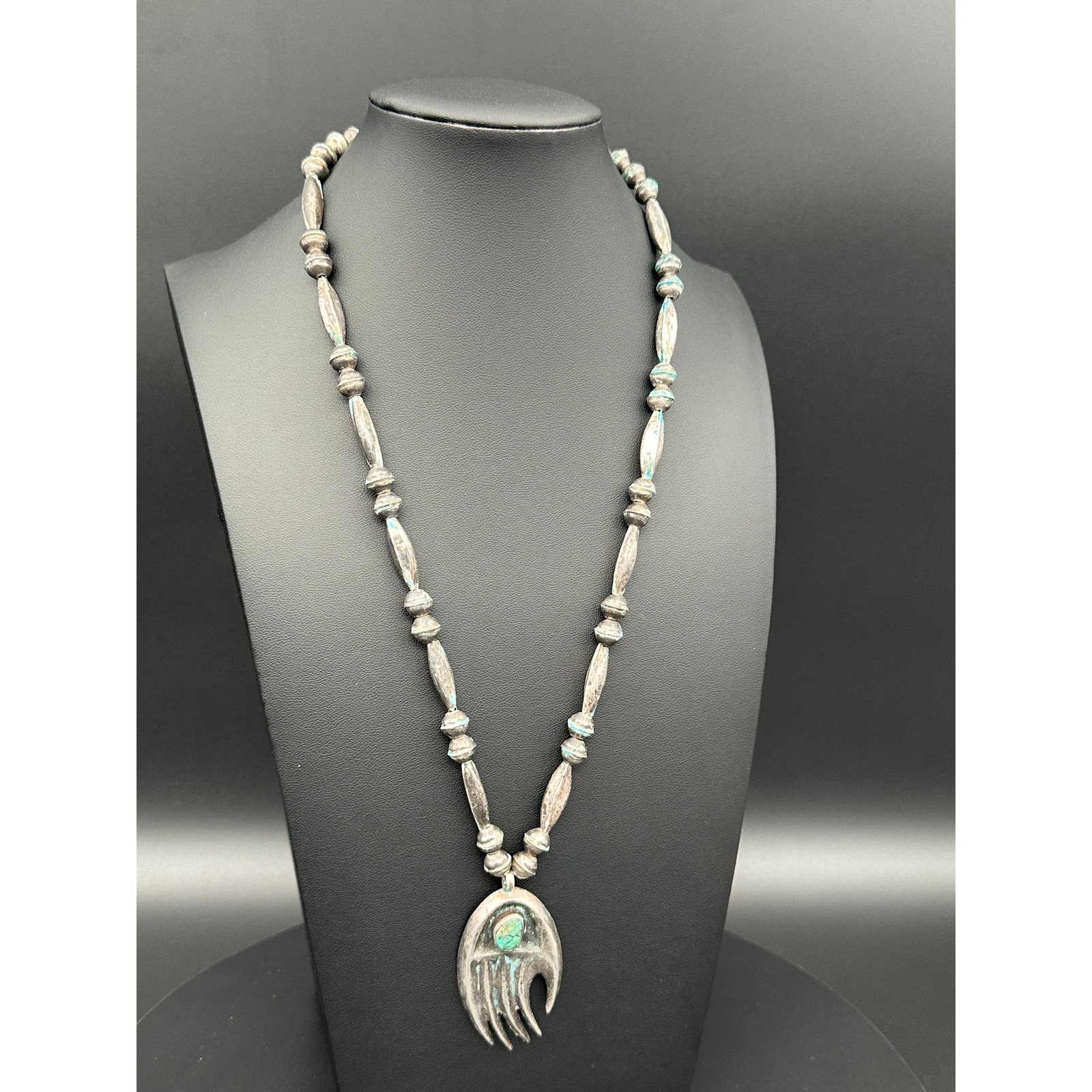 Vintage Navajo Old Pawn Silver Bear Paw Turquoise Pendant Necklace Melon Beads