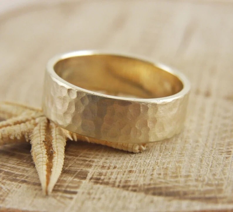 7mm*1.3mm Solid 10K Yellow Gold Over Thick Hammered Wedding Band Ring For Men\'s