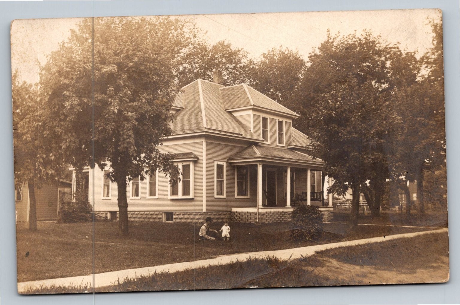 Vintage Real Photo Postcard RPPC Large House & Children Early 1900s