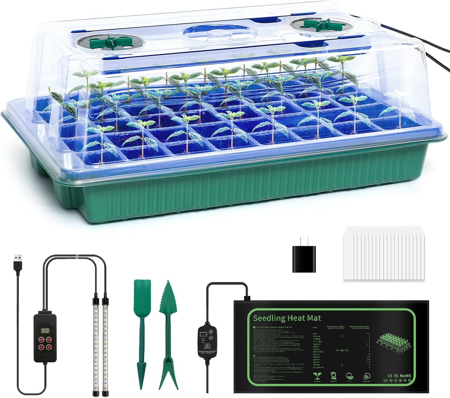 40 Cell Seed Starter Kit with Grow Light and Graphene Heating Mat, Reusable Seed