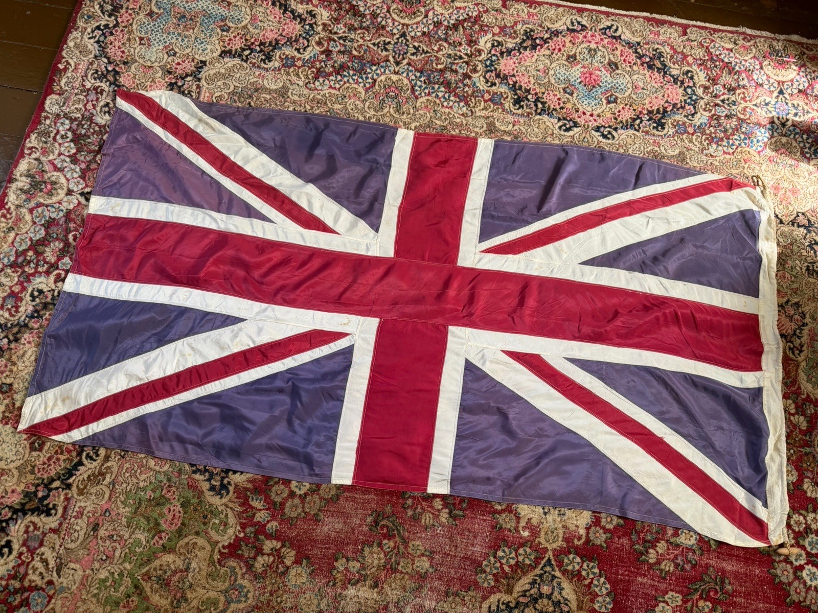 Antique WW2 Union Jack Flag Marching XL 70” x 37” Faded Rayon Blue To Purple