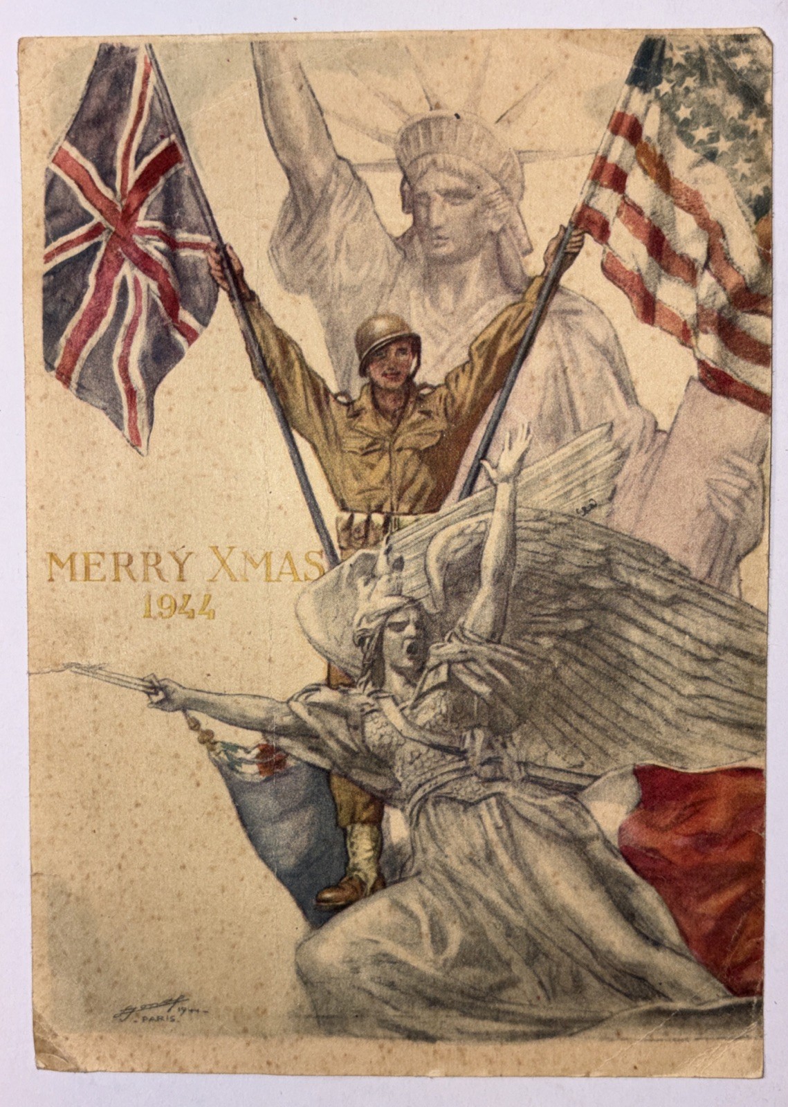 Vintage WW2 Era 1944 Patriotic Xmas Card Framed