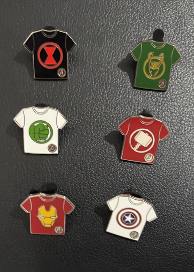 Disneyland 2024 DLR Hidden Mickey Disney Marvel T-Shirt Full 6 Pin Set + Chaser