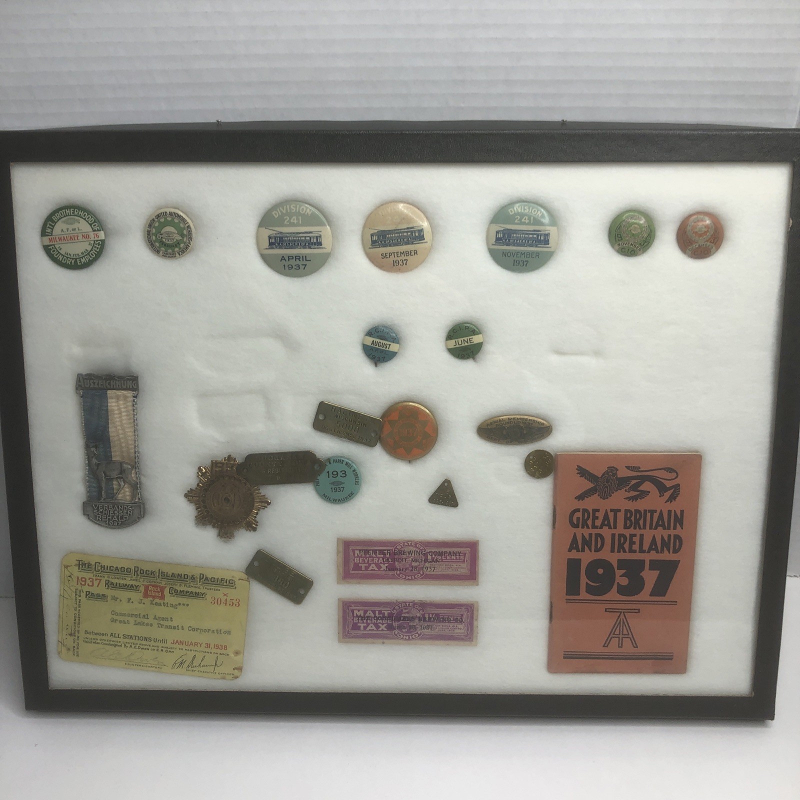 A Framed Collection of VTG Memorabilia Transportation Pins,Badges, Paper Tickets